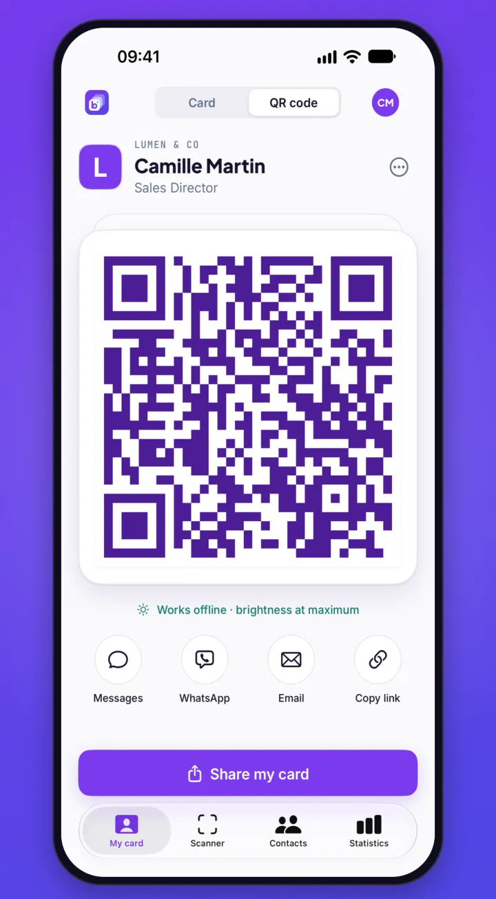 Camille Martin's card QR code in full screen, with the Messages, WhatsApp, Email and Copy link sharing buttons.
