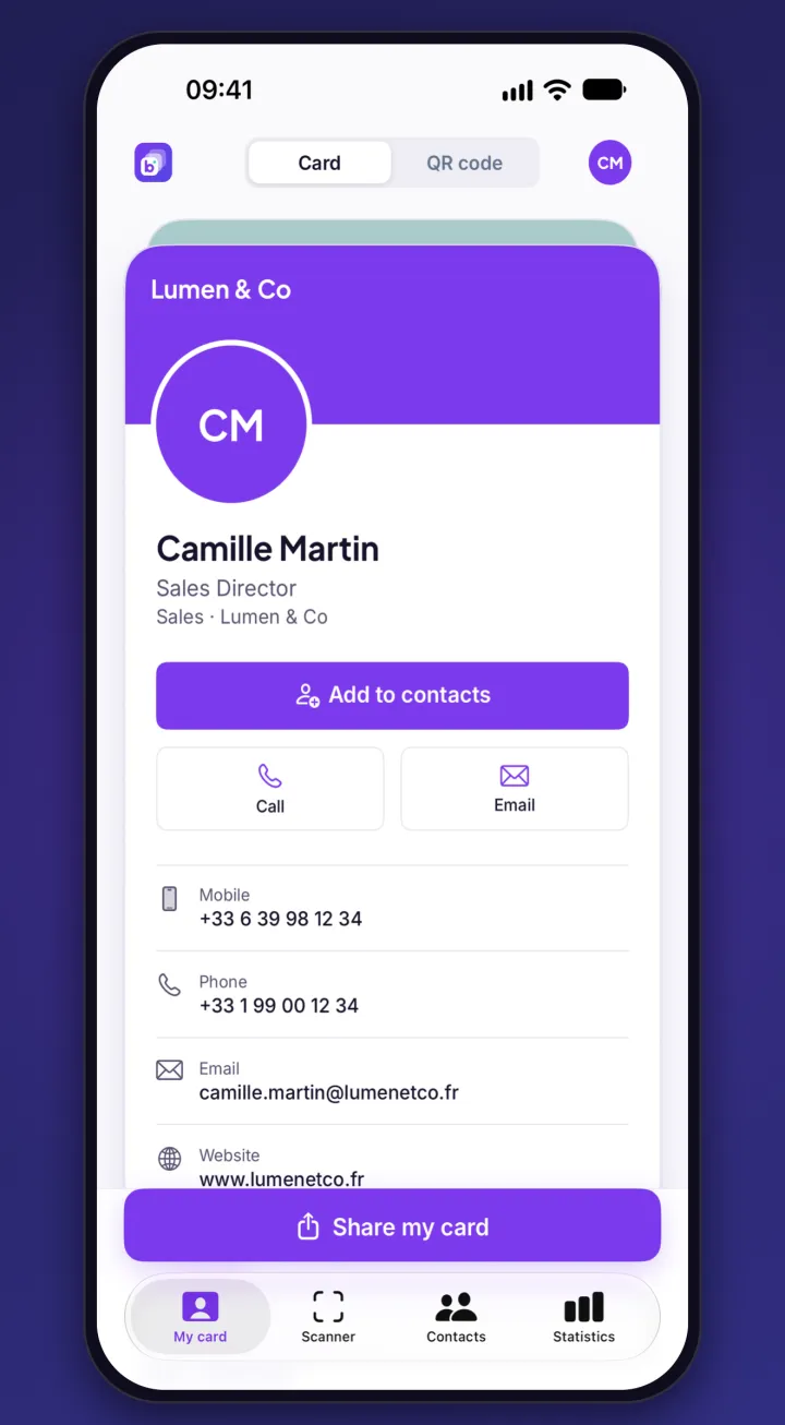 The Brandesk app shows Camille Martin's business card in her company's brand, with the “Add to contacts” and “Share my card” buttons.