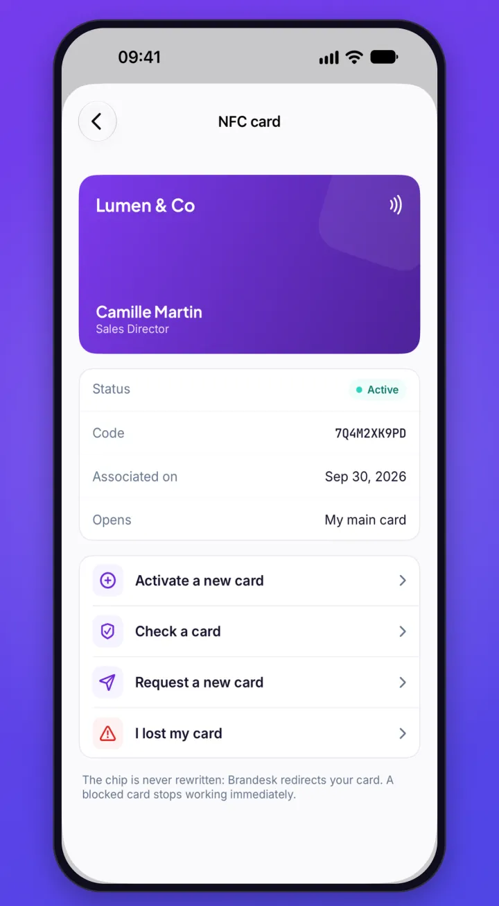 The NFC card screen: an active card, with the Activate a new card, Check a card, Request a new card and I lost my card actions.