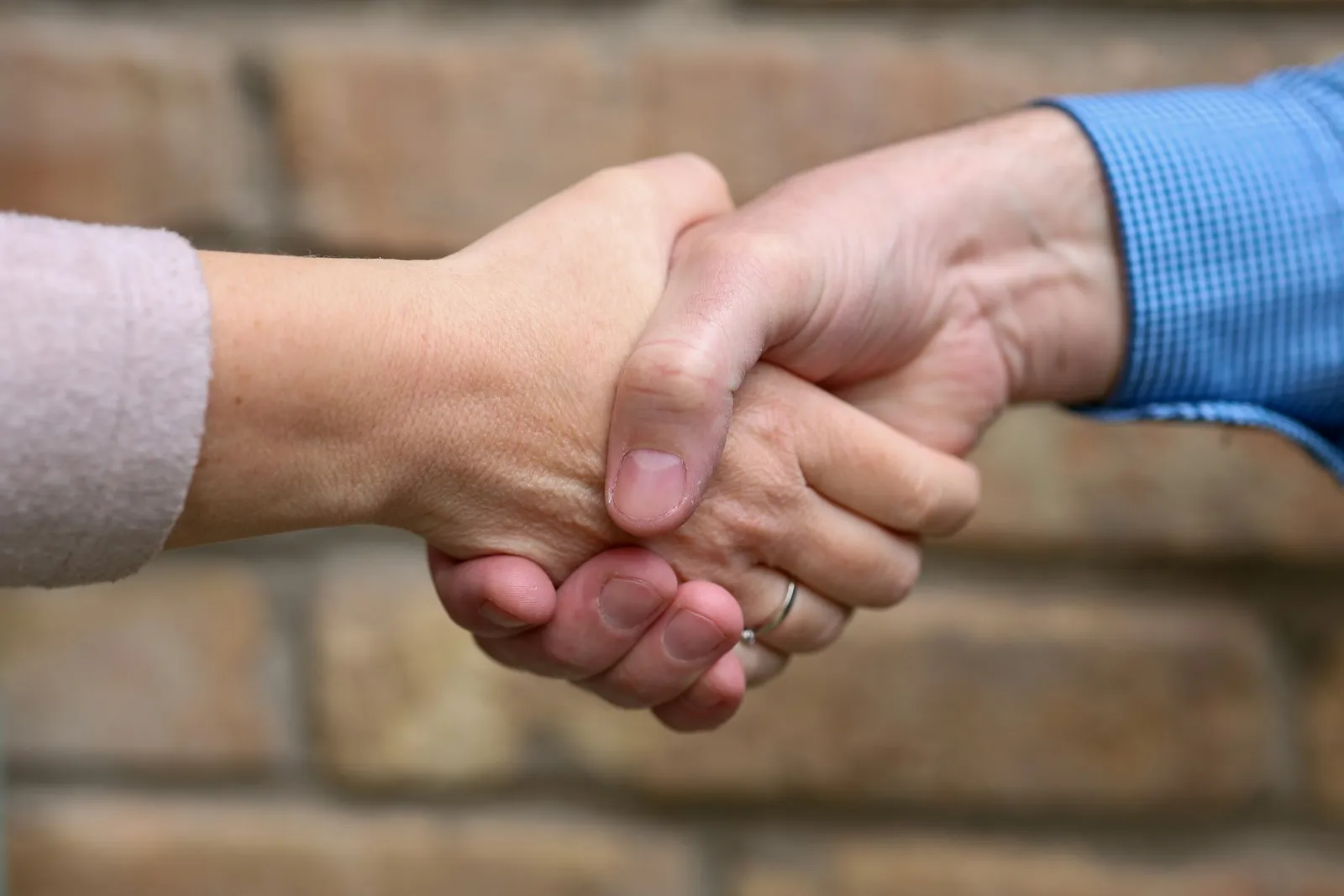 A handshake between two people in front of a brick wall.